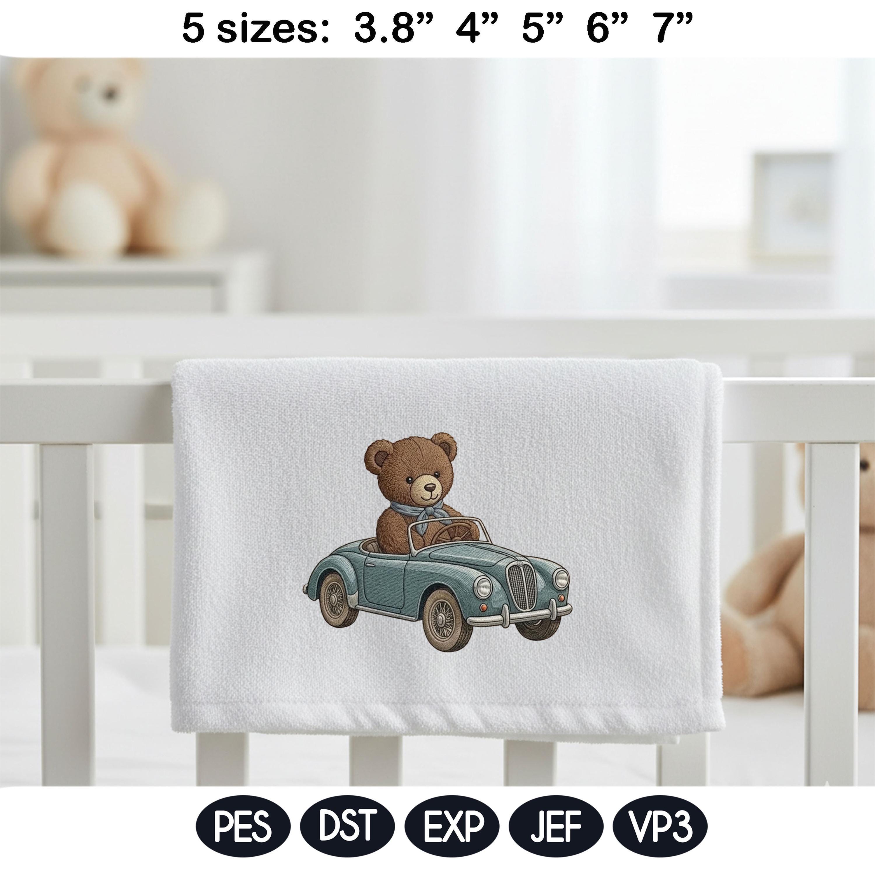 Teddy Bear Car Embroidery Design, Vintage Convertible Bear, Cute Animal Driving Car, Baby Nursery Embroidery File, 5 sizes, Digital Download - image 4
