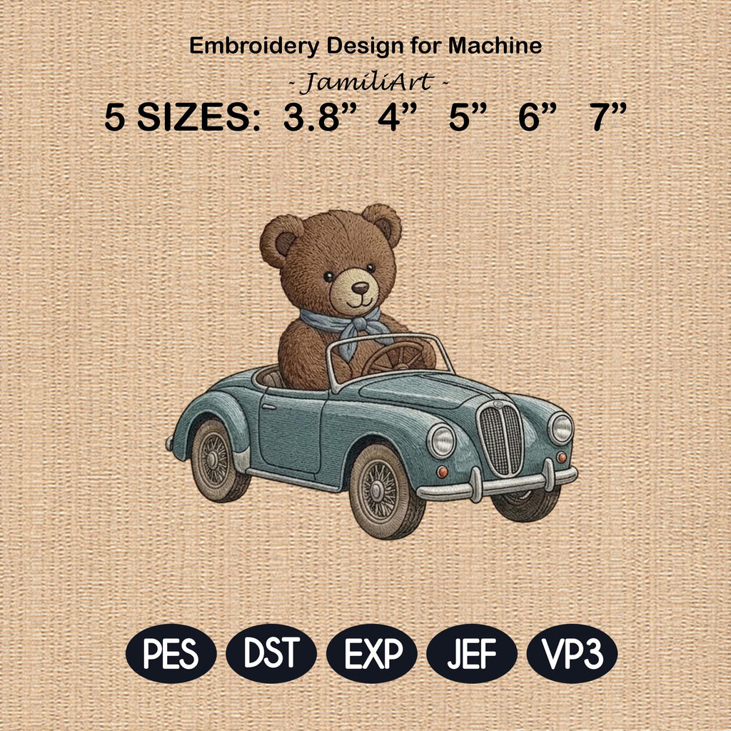 Teddy Bear Car Embroidery Design, Vintage Convertible Bear, Cute Animal Driving Car, Baby Nursery Embroidery File, 5 sizes, Digital Download