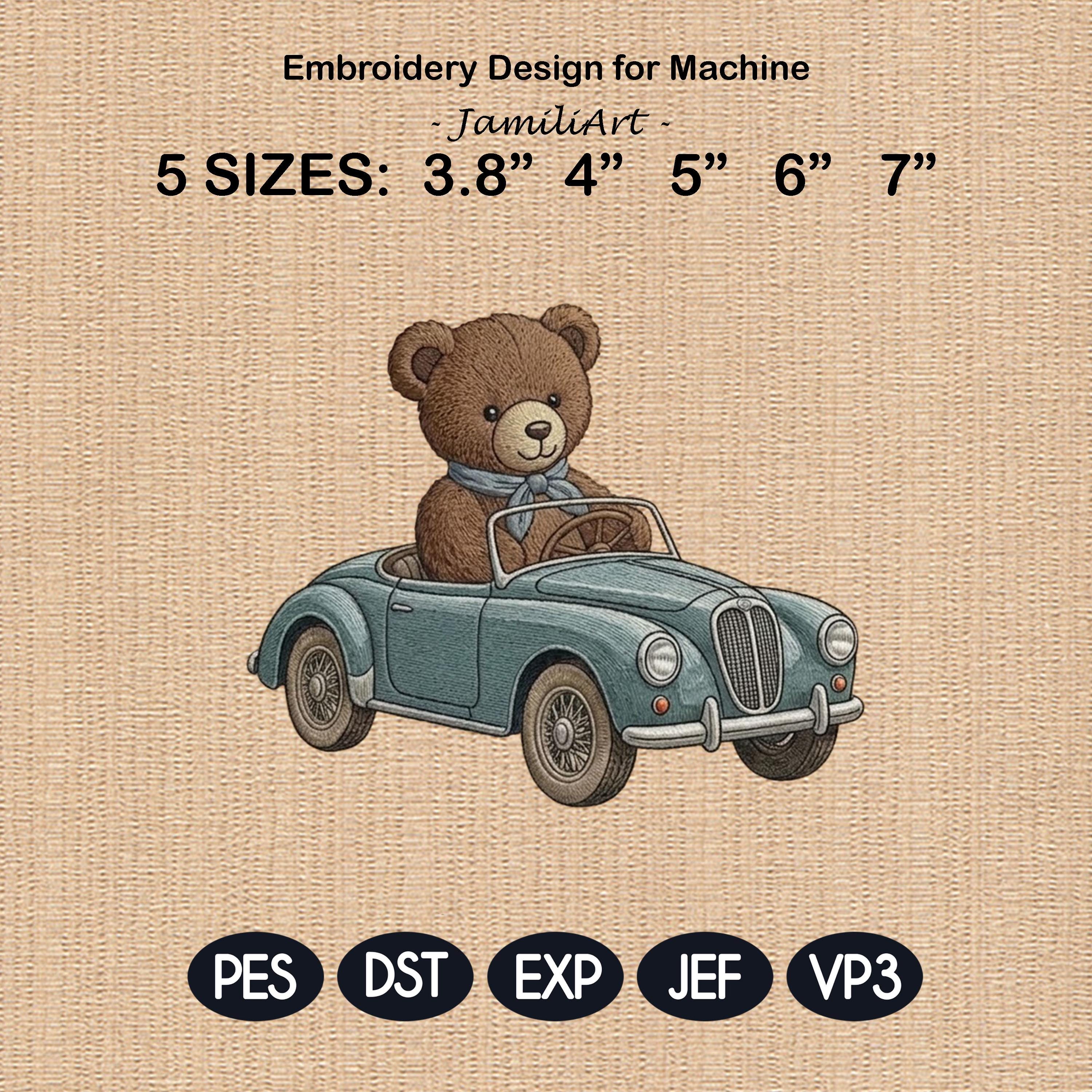 Teddy Bear Car Embroidery Design, Vintage Convertible Bear, Cute Animal Driving Car, Baby Nursery Embroidery File, 5 sizes, Digital Download