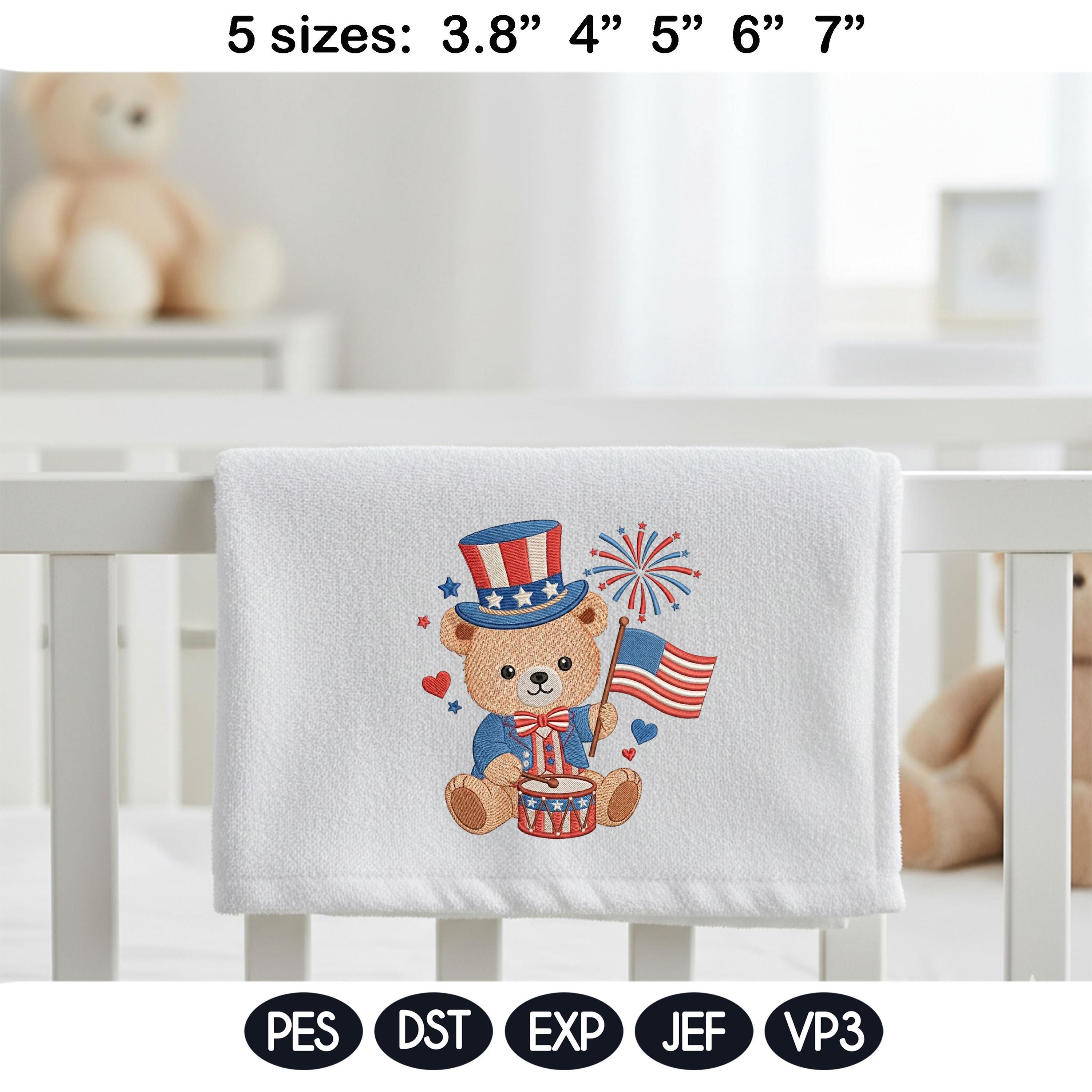 Patriotic Teddy Bear Embroidery Design, Bear 4th of July, USA Flag Fireworks Kids, Cute American Bear, Machine Embroidery, Digital Download - image 3