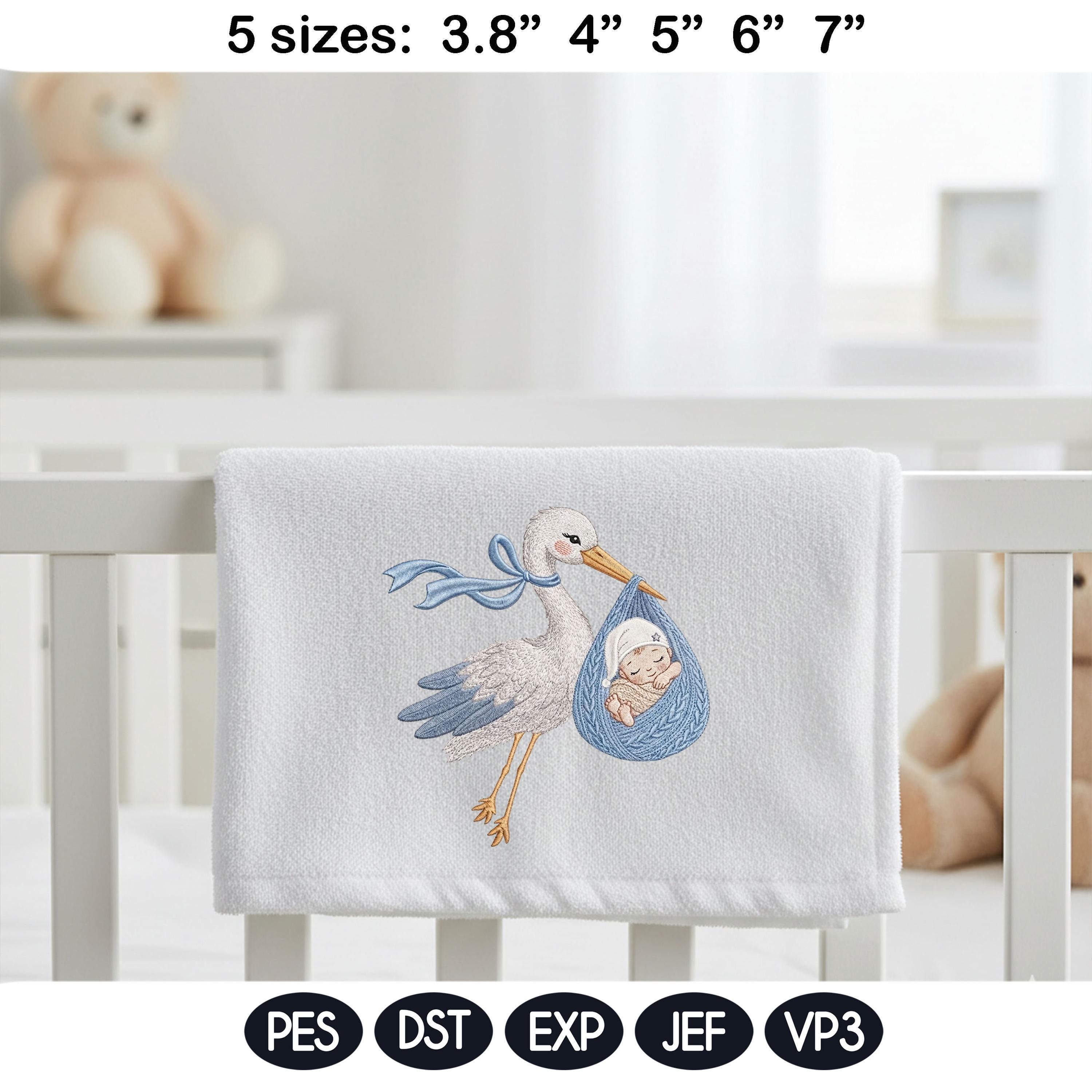Baby Stork Embroidery Design, Newborn Arrival Baby Boy Gift, Cute Stork Carrying Baby, Nursery Baby, Machine Embroidery, Digital Download - image 4
