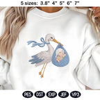 Baby Stork Embroidery Design, Newborn Arrival Baby Boy Gift, Cute Stork Carrying Baby, Nursery Baby, Machine Embroidery, Digital Download - image 6