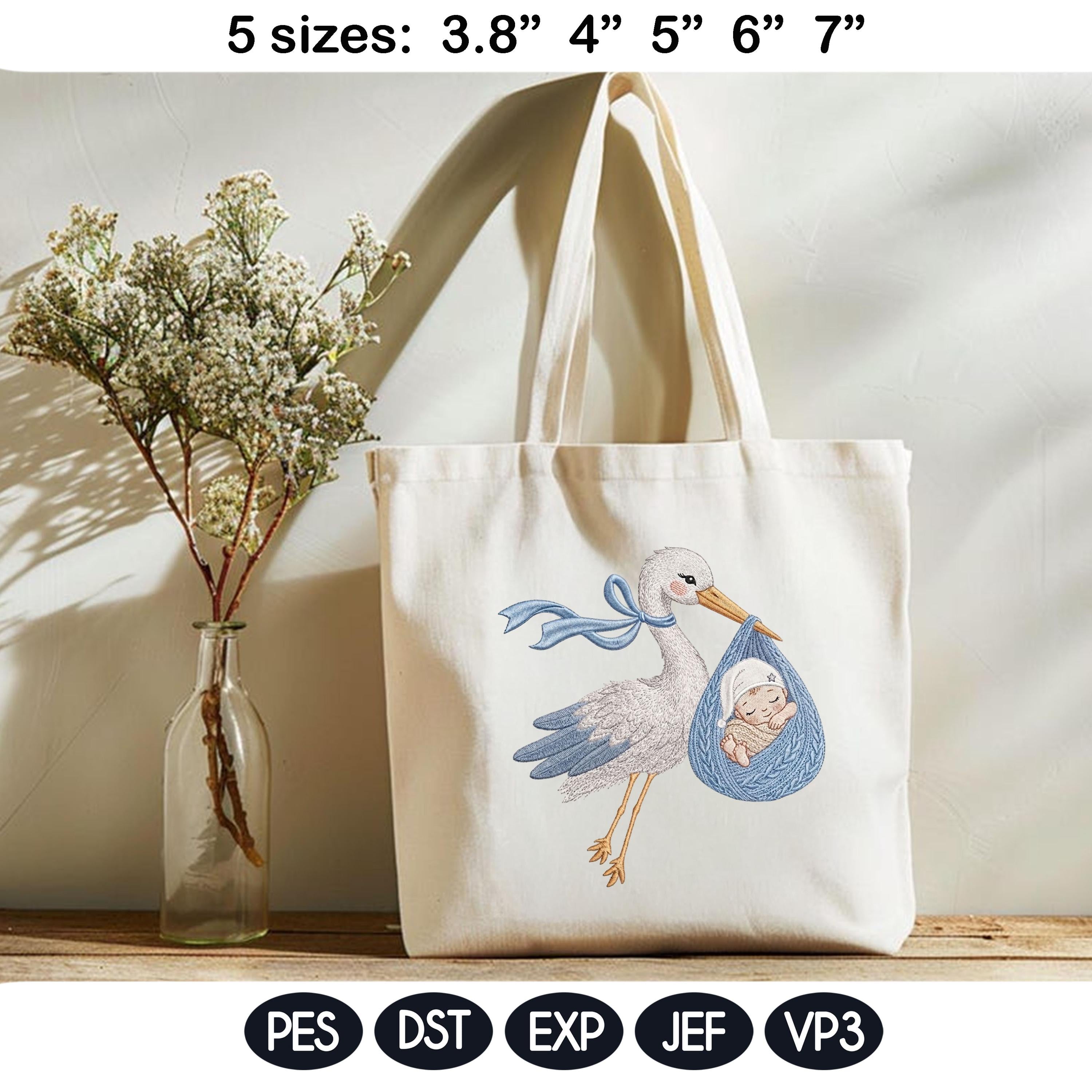 Baby Stork Embroidery Design, Newborn Arrival Baby Boy Gift, Cute Stork Carrying Baby, Nursery Baby, Machine Embroidery, Digital Download - image 5