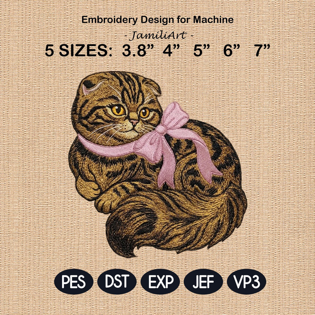 Cute Scottish Fold Embroidery Design, Kawaii Kitten with Pink Bow, Baby Girl Cat Embroidery File, Machine Embroidery, Digital Download