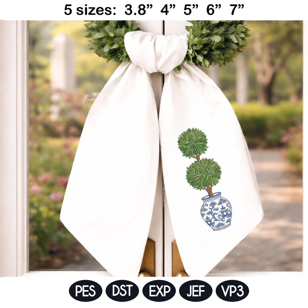 Chinoiserie Topiary Embroidery Design, Blue White Vase Plant, Classic Garden Decor Machine Embroidery, Grandmillennial Style - image 5