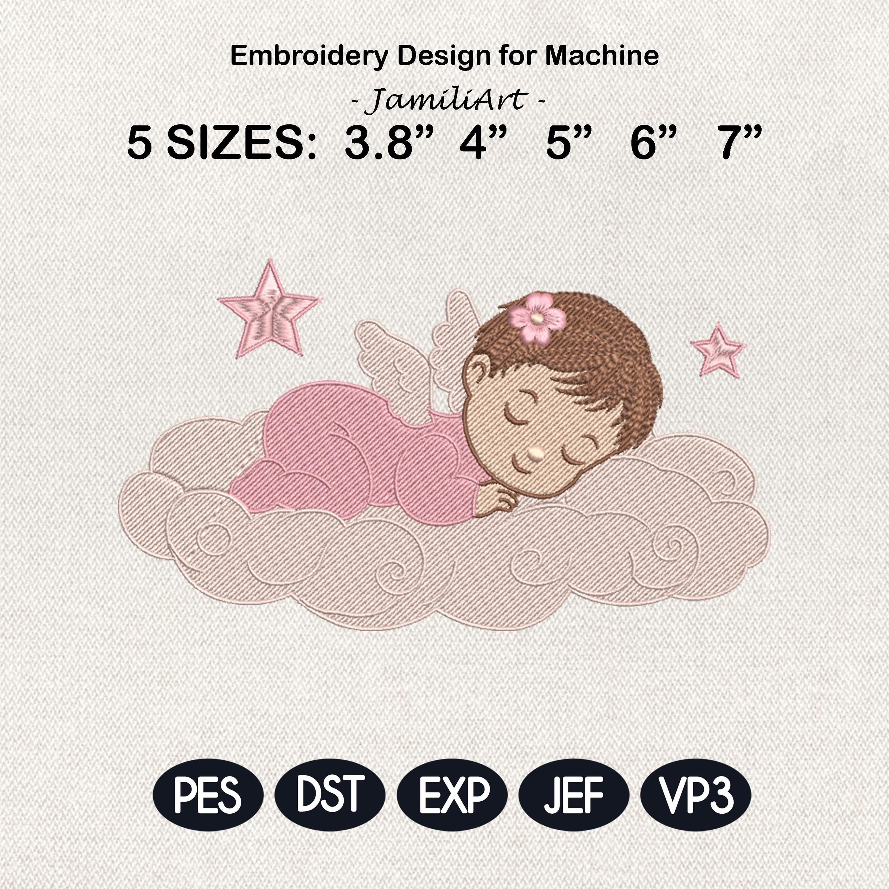 Sleeping Baby Angel Embroidery Design, Cute Newborn Girl on Cloud File, Nursery Decor Machine Embroidery, 5 Sizes, Digital Download