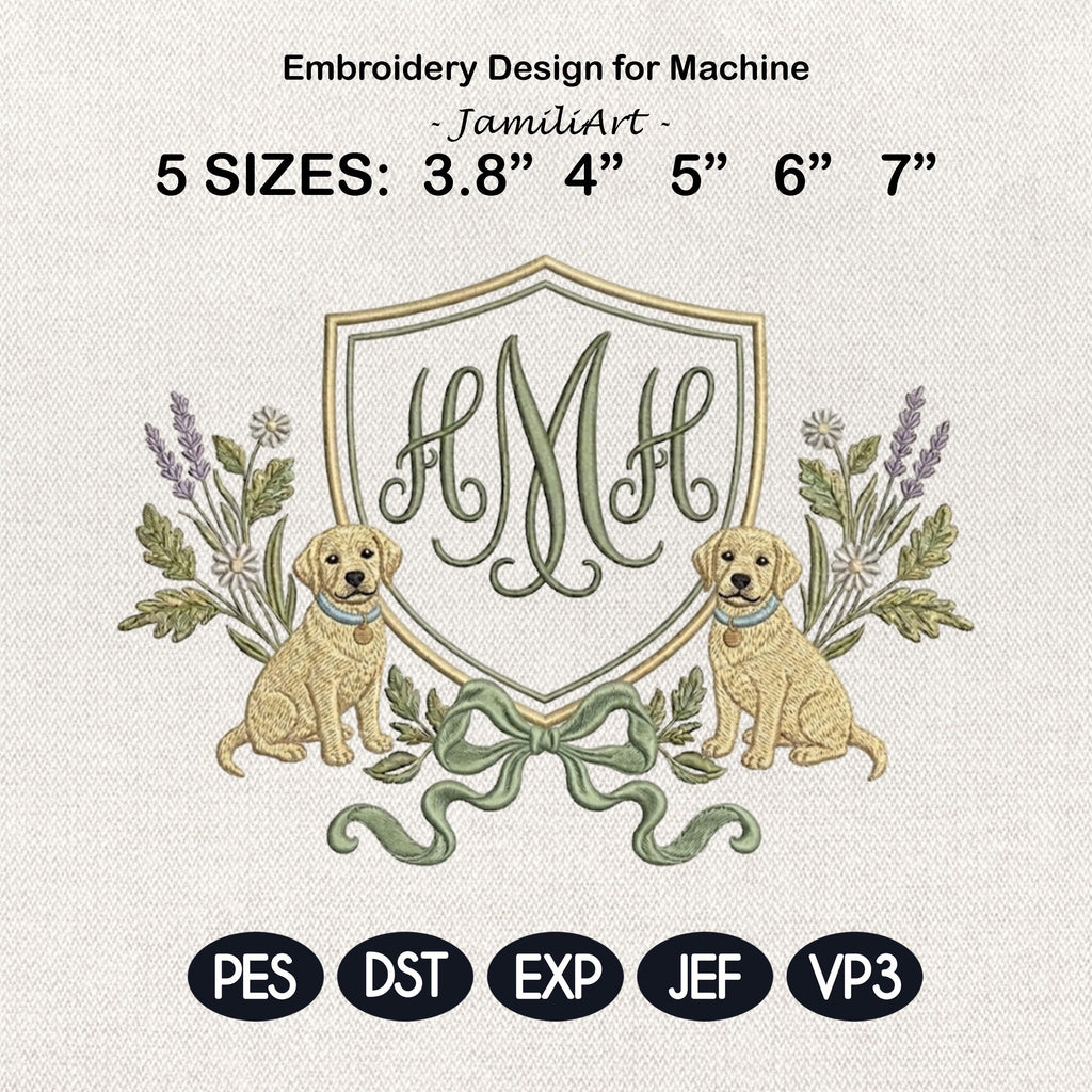 Labrador Frame Embroidery Design, Dog Monogram Frame, Puppy Crest Frame, Floral Dog Embroidery, Machine Embroidery,5 sizes, Digital Download