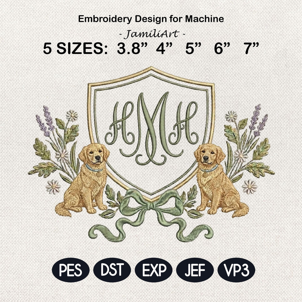 Golden Retriever Frame Embroidery Design, Dog Monogram Frame, Puppy Crest Frame, Floral Dog Frame, Baby Name Frame,5 sizes, Digital Download