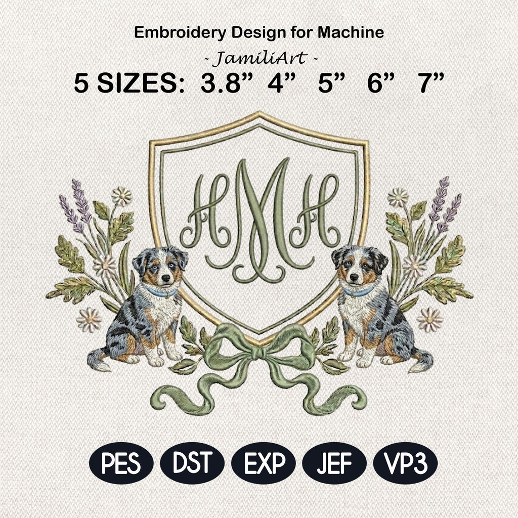 Australian Shepherd Frame Embroidery Design, Dog Monogram Frame, Aussie Puppy Crest, Floral Dog Frame, Baby Name Frame, Digital Download