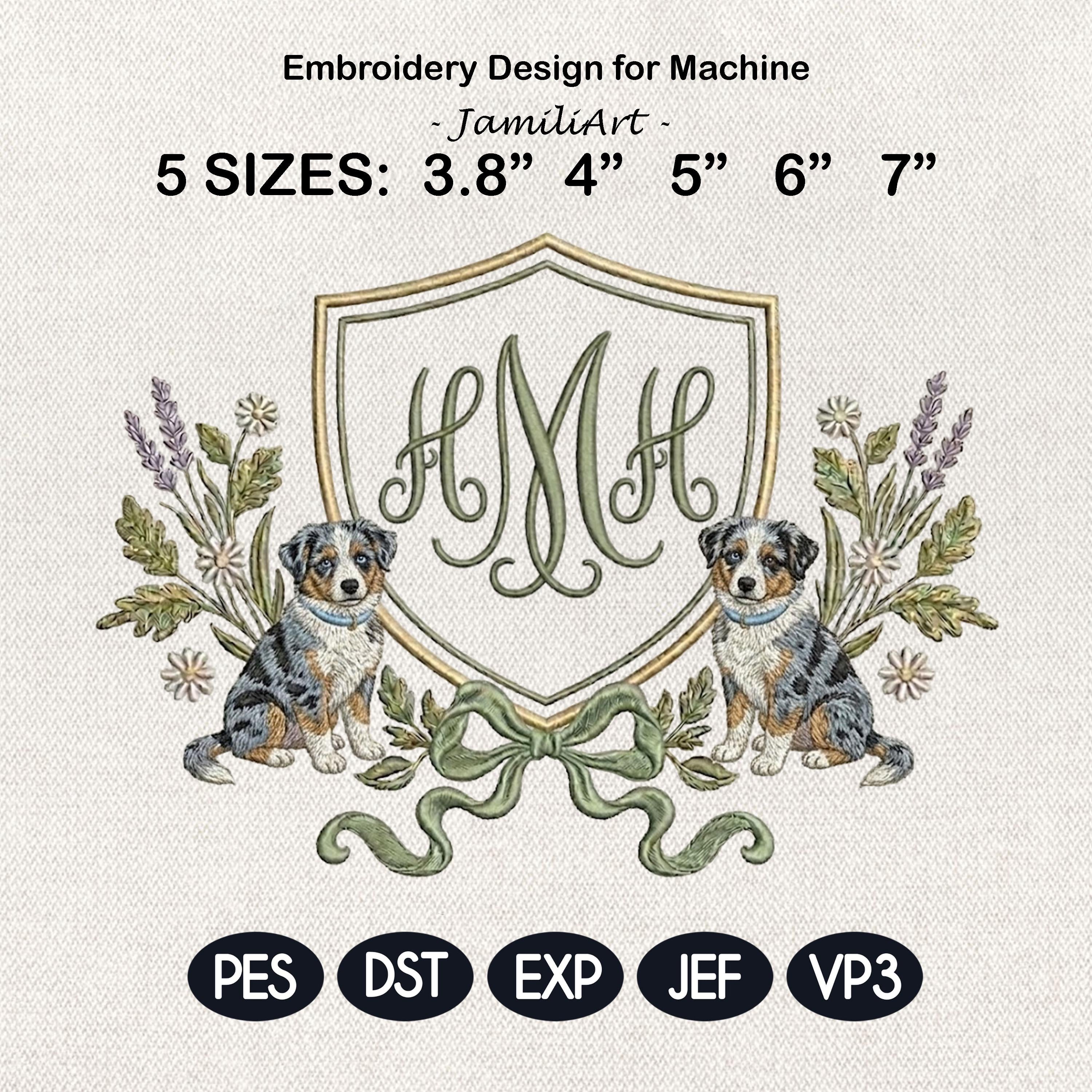 Australian Shepherd Frame Embroidery Design, Dog Monogram Frame, Aussie Puppy Crest, Floral Dog Frame, Baby Name Frame, Digital Download