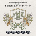 Corgi Frame Embroidery Design, Dog Monogram Frame, Corgi Puppy Crest Frame, Floral Dog Frame, Baby Name Frame, 5 sizes, Digital Download