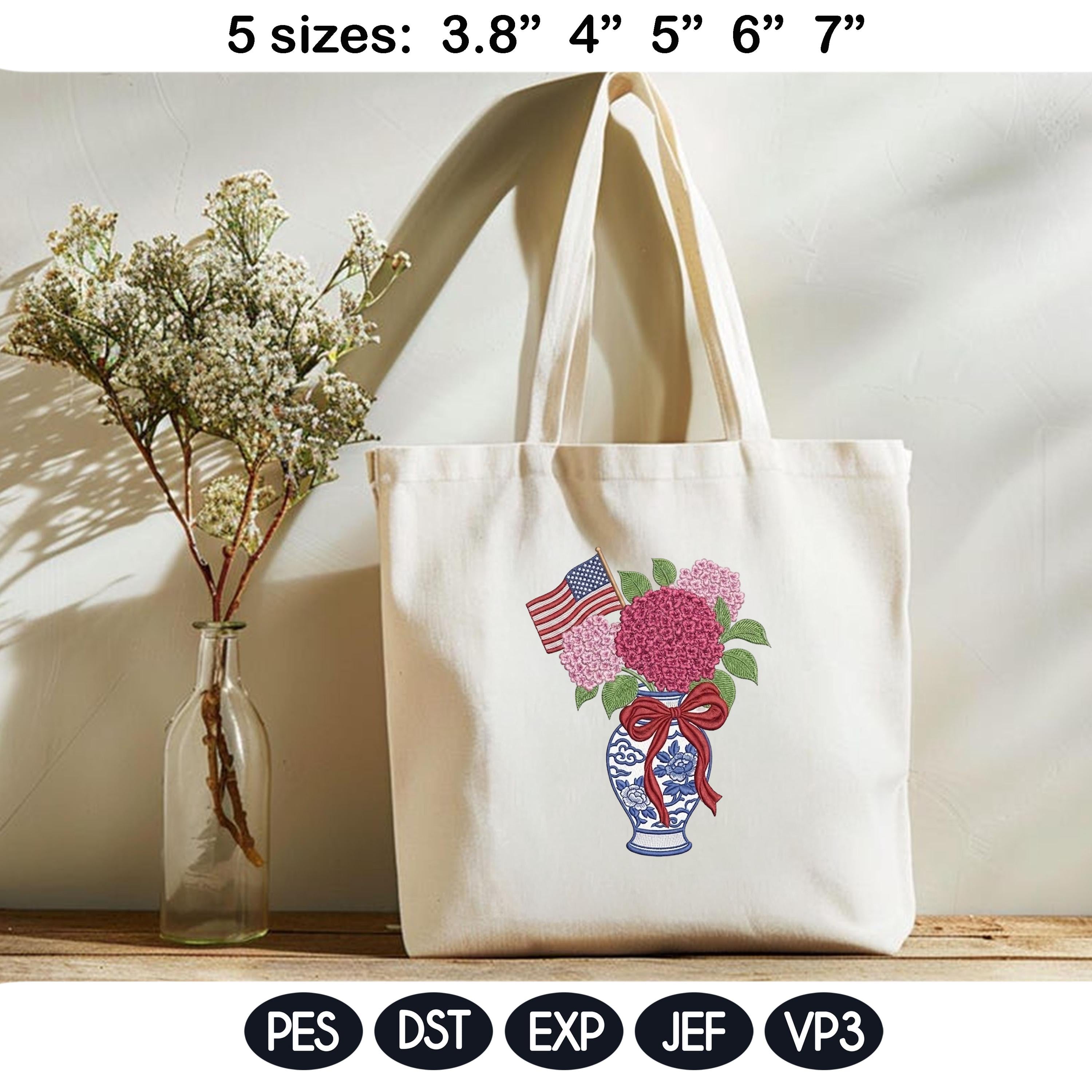 Chinoiserie Hydrangea Embroidery Design with USA Flag, Patriotic Floral Vase, 4th of July Machine Embroidery File, 5 sizes, Digital Download - image 6