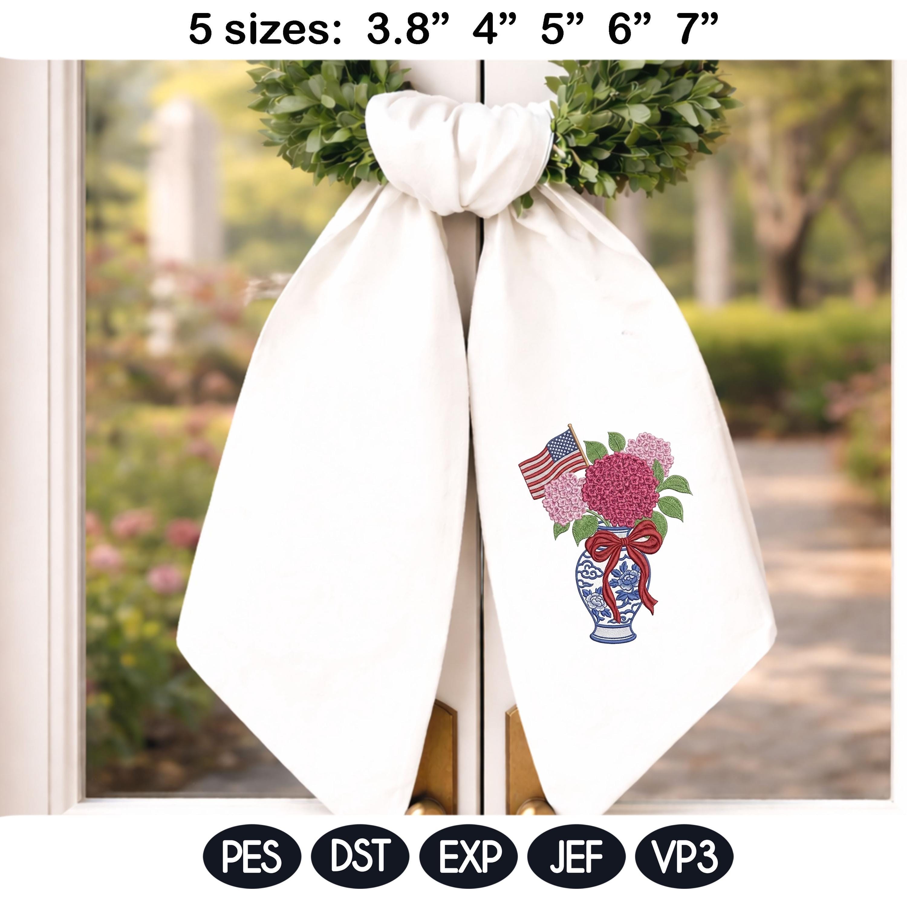Chinoiserie Hydrangea Embroidery Design with USA Flag, Patriotic Floral Vase, 4th of July Machine Embroidery File, 5 sizes, Digital Download - image 3