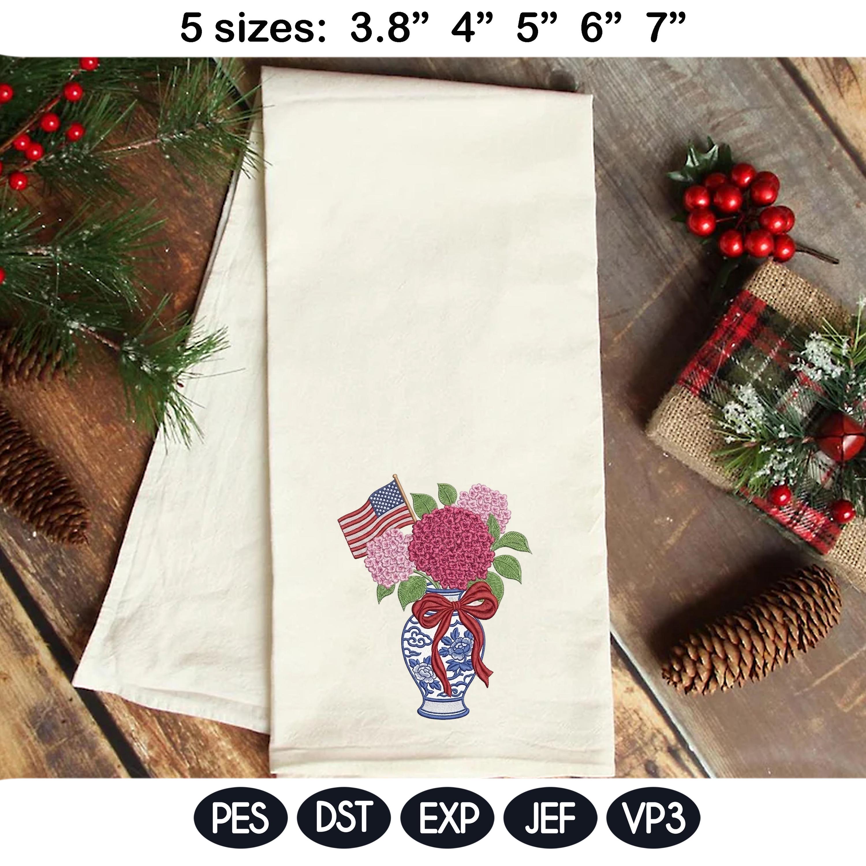 Chinoiserie Hydrangea Embroidery Design with USA Flag, Patriotic Floral Vase, 4th of July Machine Embroidery File, 5 sizes, Digital Download - image 5