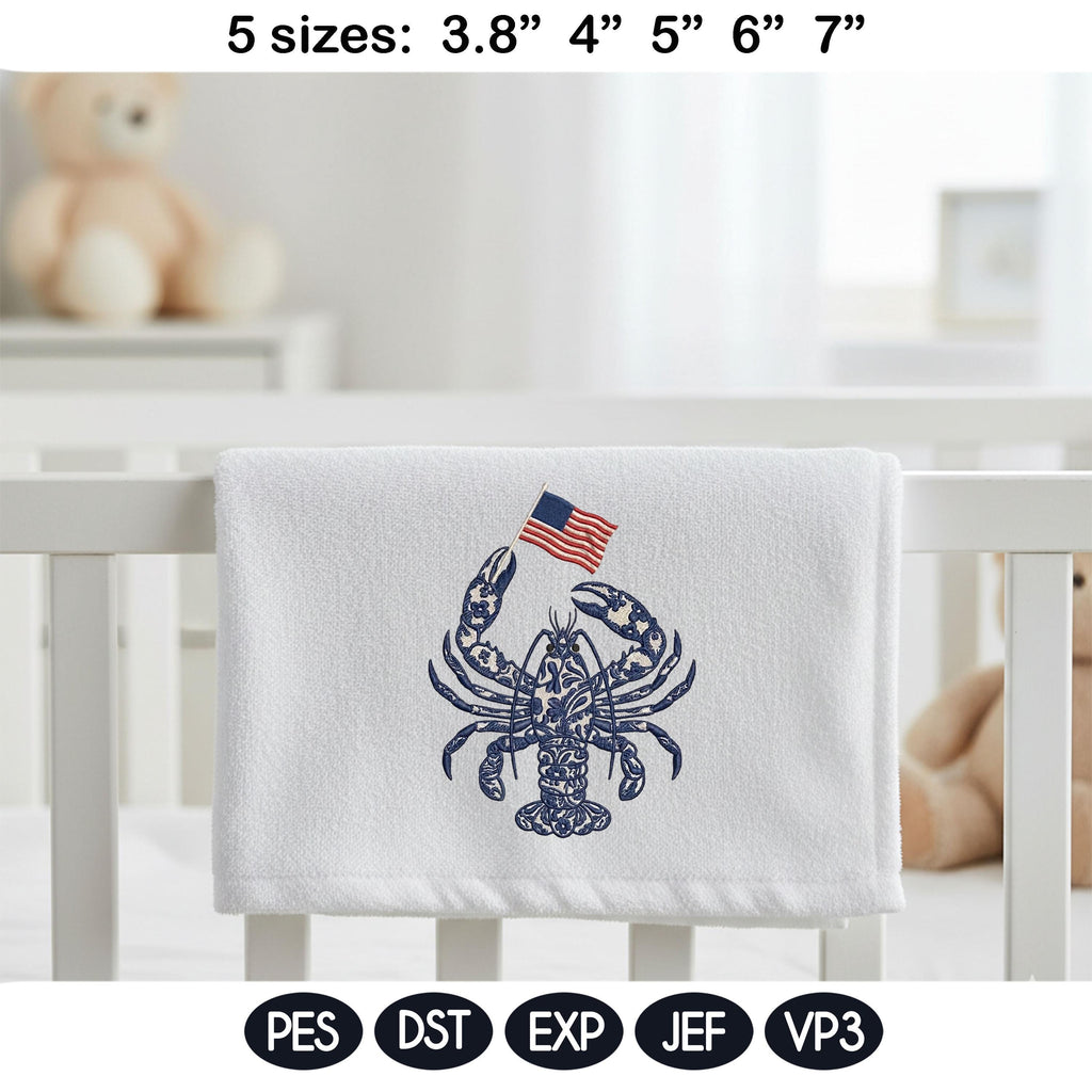 Chinoiserie Lobster Embroidery Design with USA Flag, Patriotic Nautical Sea Life, 4th of July Machine Embroidery, 5 sizes, Digital Download - image 3