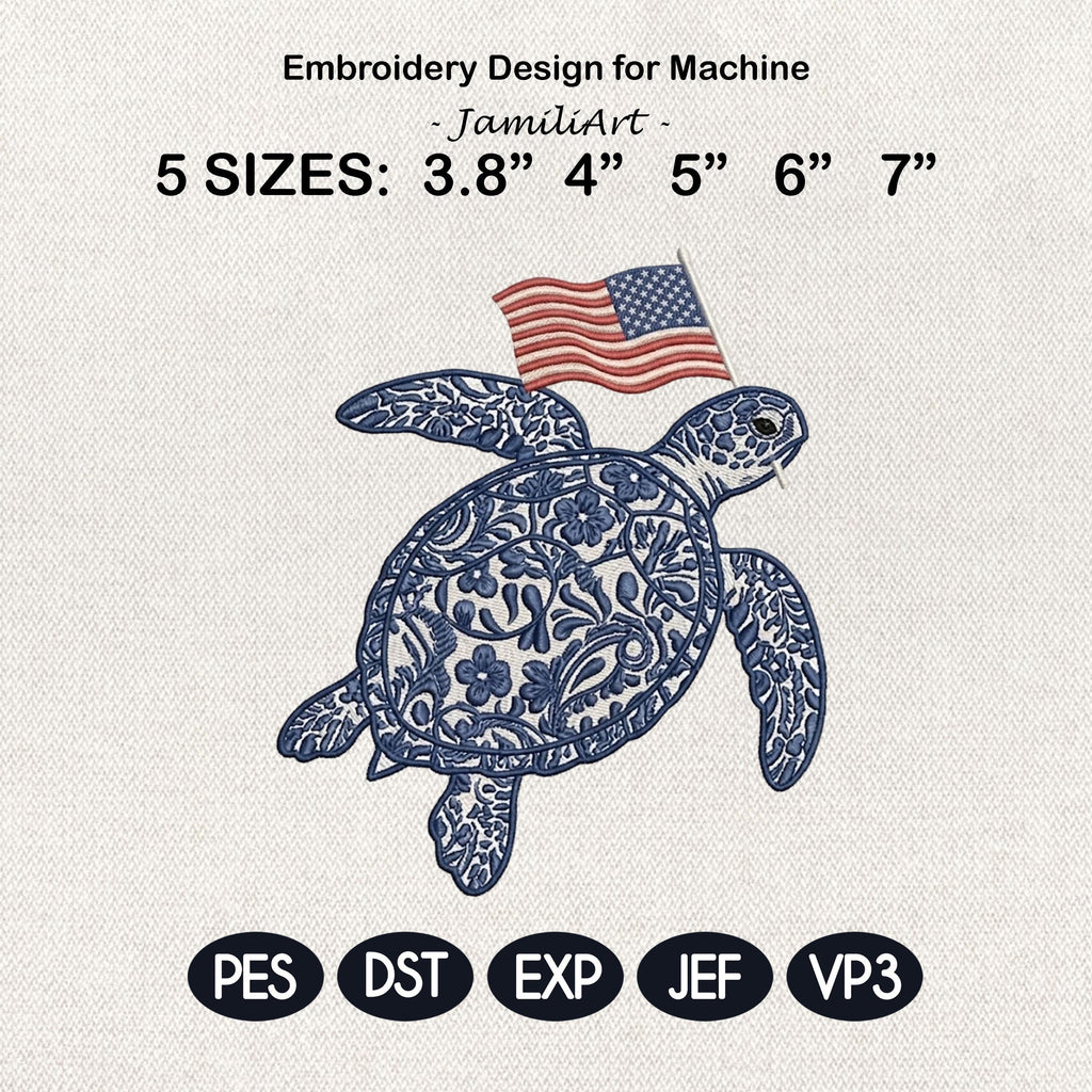 Chinoiserie Sea Turtle Embroidery Design with USA Flag, Patriotic Nautical Sea Life, 4th of July Machine Embroidery,5 sizes,Digital Download