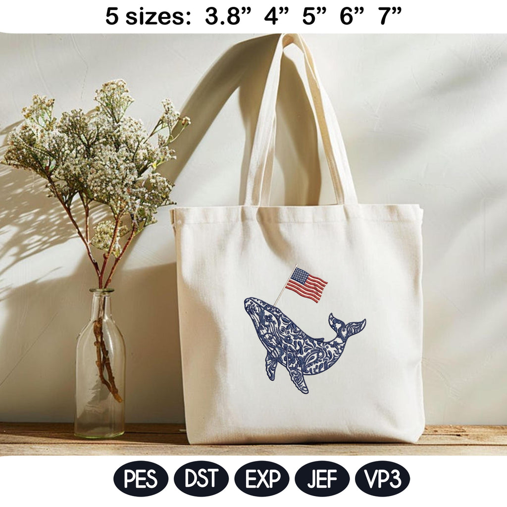 Chinoiserie Whale Embroidery Design with USA Flag, Patriotic Nautical Sea Life, 4th of July Machine Embroidery, 5 sizes, Digital Download - image 5