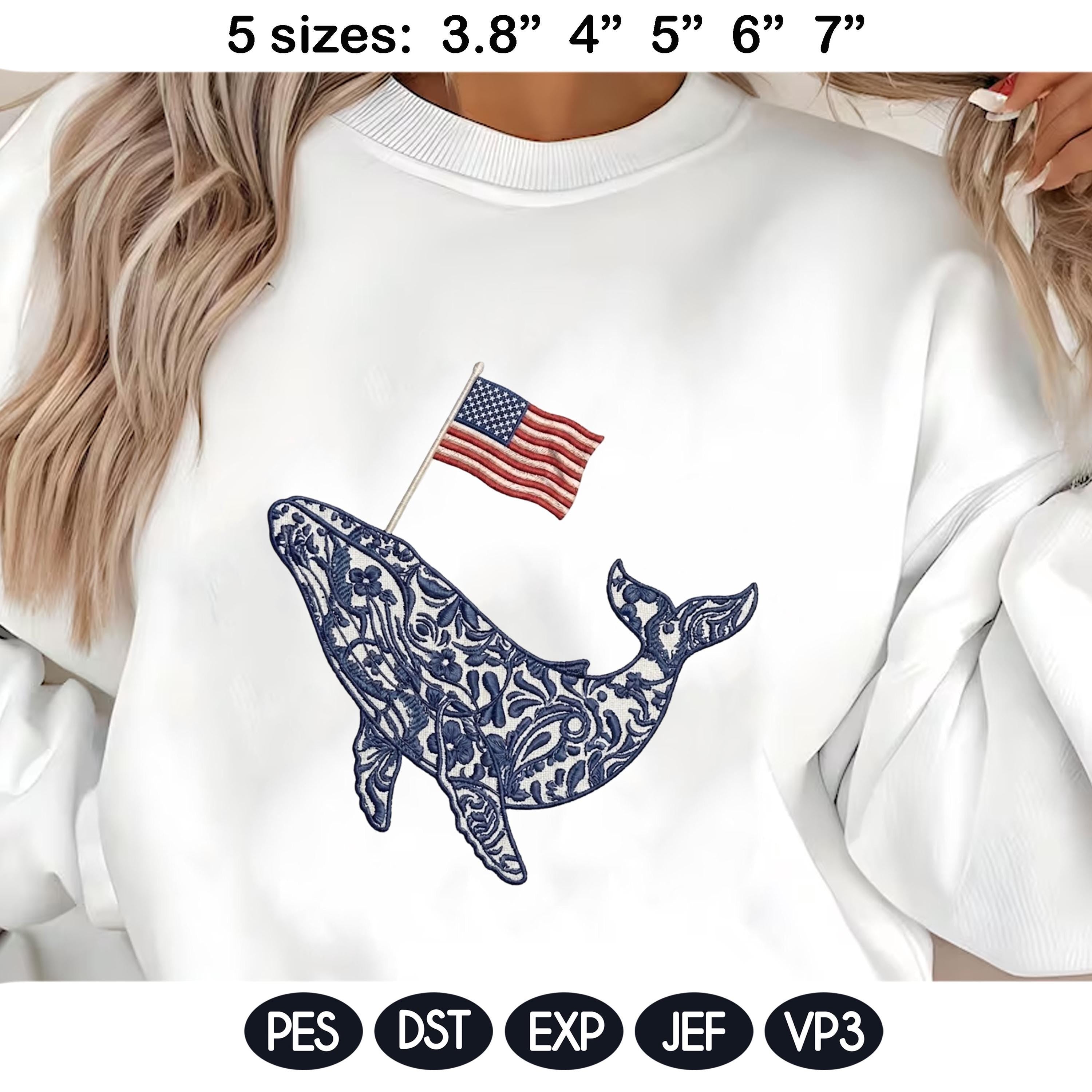 Chinoiserie Whale Embroidery Design with USA Flag, Patriotic Nautical Sea Life, 4th of July Machine Embroidery, 5 sizes, Digital Download - image 3