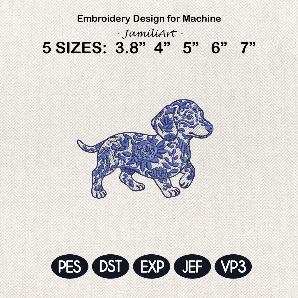 Dachshund Chinoiserie Embroidery Design, Blue Floral Dog Pattern, Vintage Porcelain Style Machine Embroidery File, Dog Lover Gift
