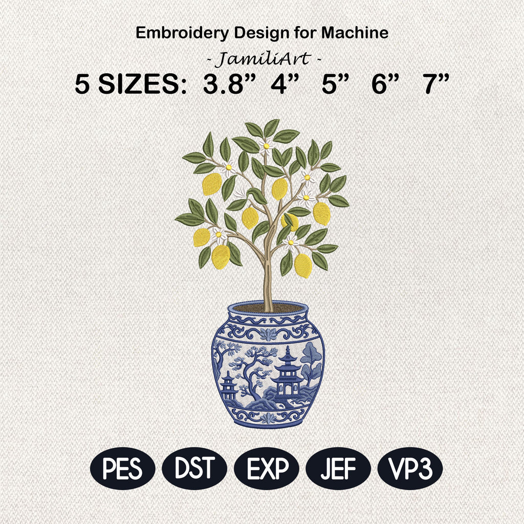 Lemon Tree Embroidery Design, Chinoiserie Blue White Vase, Citrus Floral Topiary, Mediterranean Decor, Machine Embroidery File