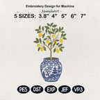Lemon Tree Embroidery Design, Chinoiserie Blue White Vase, Citrus Floral Topiary, Mediterranean Decor, Machine Embroidery File