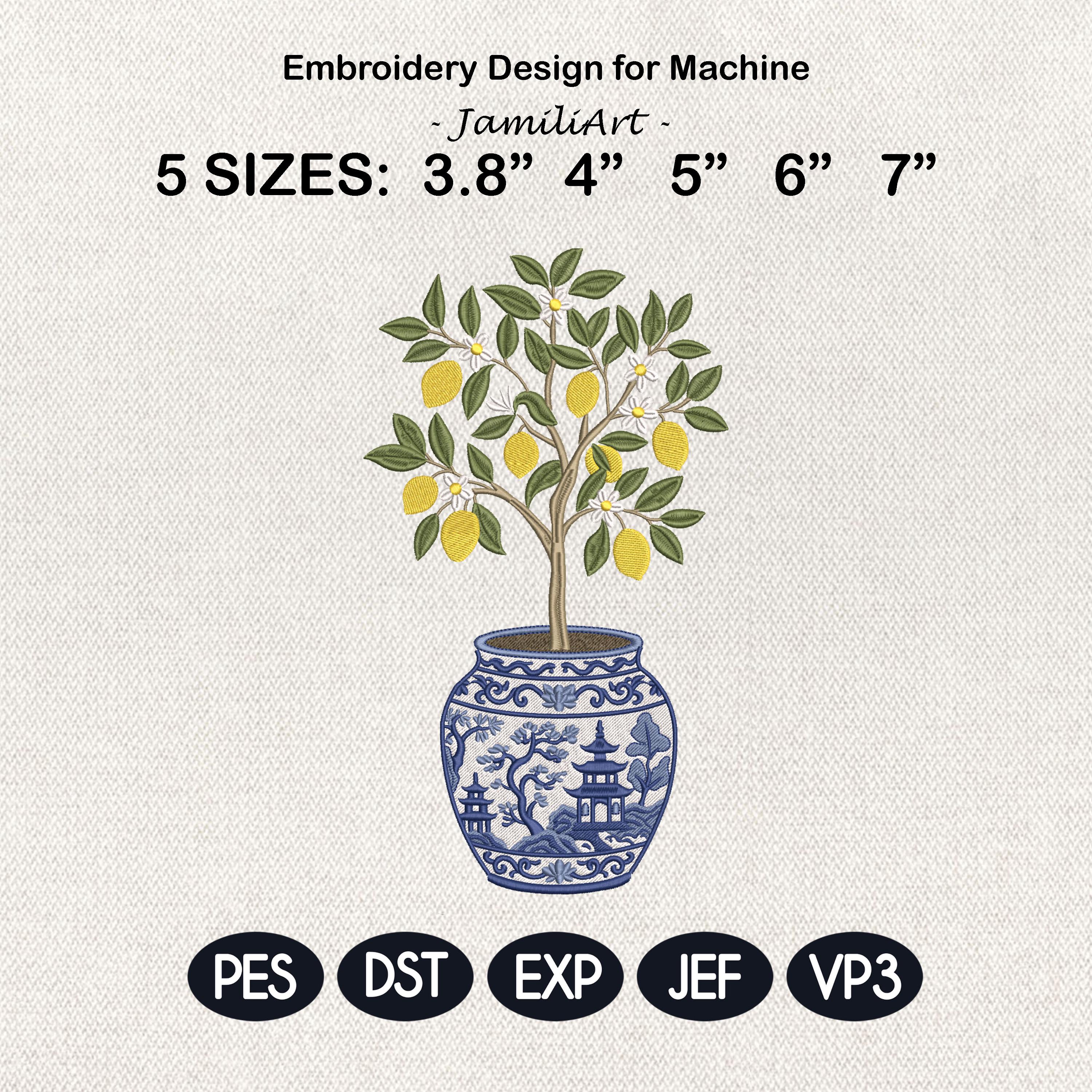 Lemon Tree Embroidery Design, Chinoiserie Blue White Vase, Citrus Floral Topiary, Mediterranean Decor, Machine Embroidery File