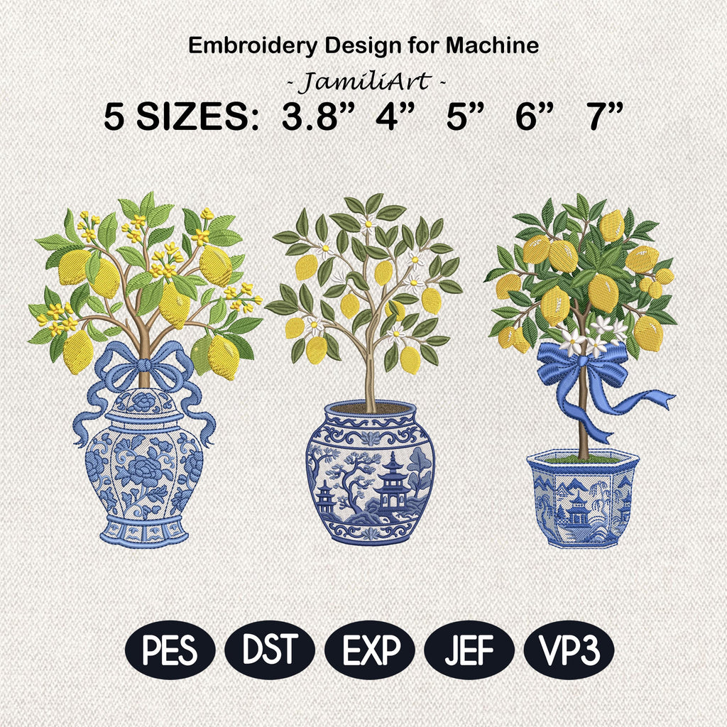 Chinoiserie Lemon Tree Embroidery Design Bundle, Blue White Vase Citrus Plant Machine Embroidery File, Chinoiserie Style, Instant Download