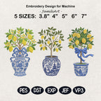 Chinoiserie Lemon Tree Embroidery Design Bundle, Blue White Vase Citrus Plant Machine Embroidery File, Chinoiserie Style, Instant Download