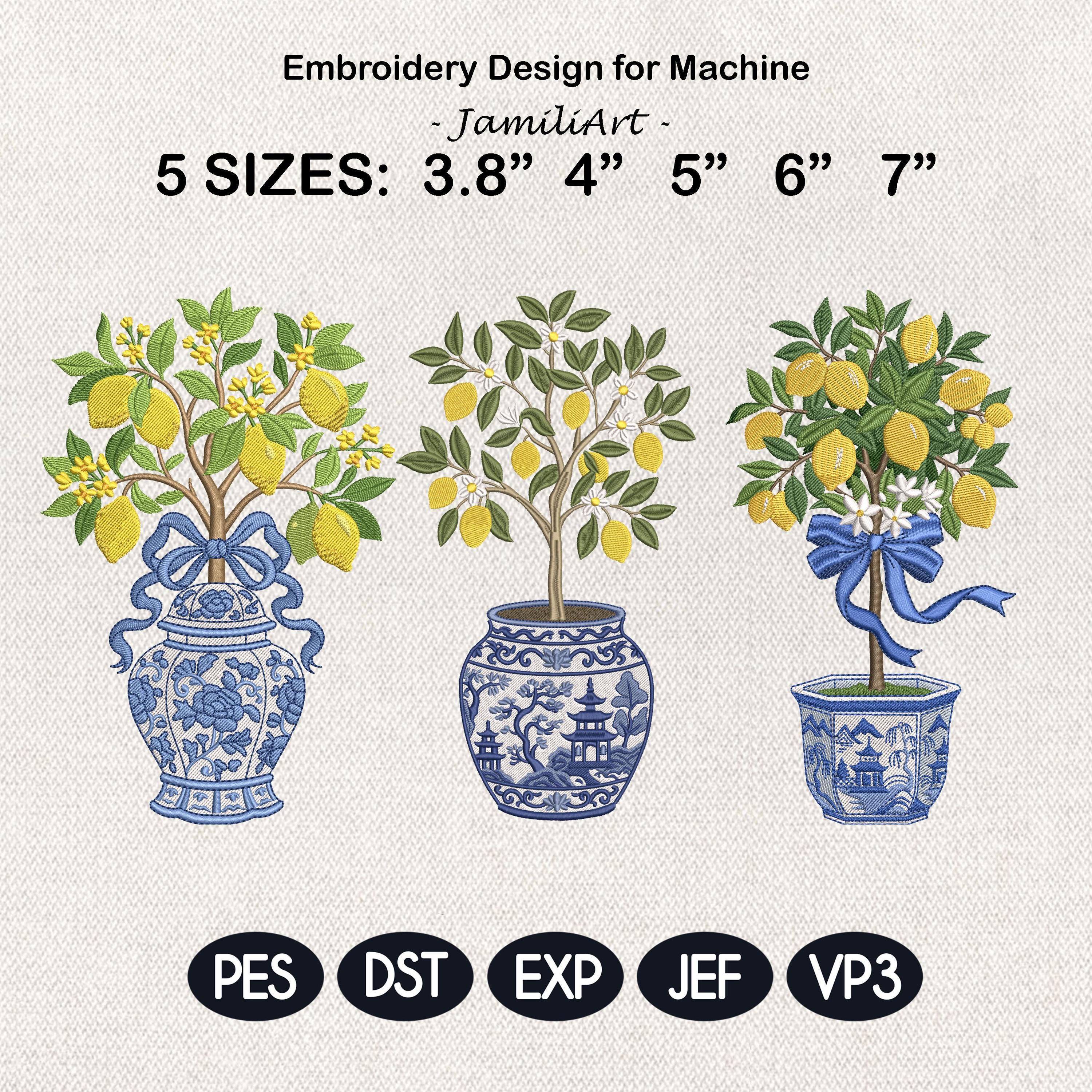 Chinoiserie Lemon Tree Embroidery Design Bundle, Blue White Vase Citrus Plant Machine Embroidery File, Chinoiserie Style, Instant Download