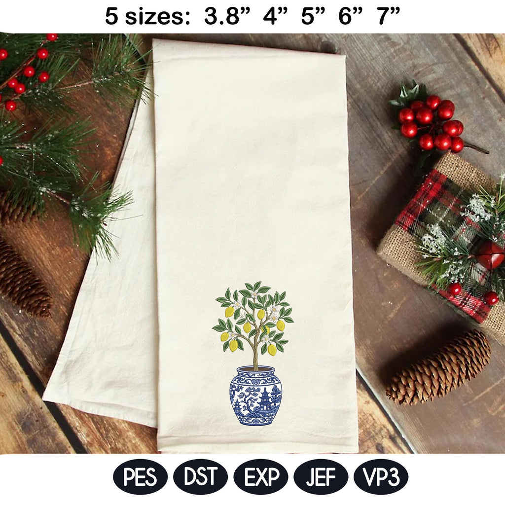 Chinoiserie Lemon Tree Embroidery Design Bundle, Blue White Vase Citrus Plant Machine Embroidery File, Chinoiserie Style, Instant Download - image 7