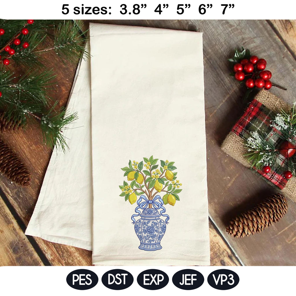 Chinoiserie Lemon Tree Embroidery Design Bundle, Blue White Vase Citrus Plant Machine Embroidery File, Chinoiserie Style, Instant Download - image 10