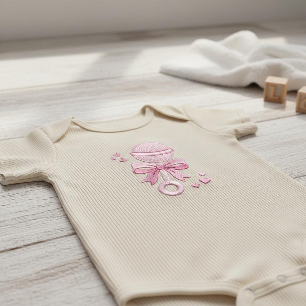 Baby Rattle Embroidery Design, Cute Pink Nursery Toy with Bow, Newborn Gift Machine Embroidery, Baby Girl Shower, 5 Sizes, Digital Download - image 3