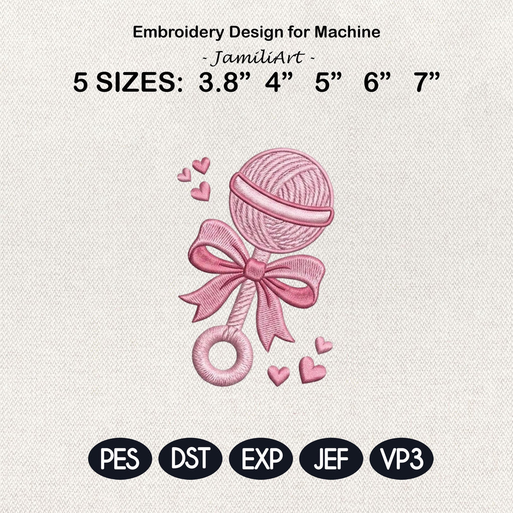 Baby Rattle Embroidery Design, Cute Pink Nursery Toy with Bow, Newborn Gift Machine Embroidery, Baby Girl Shower, 5 Sizes, Digital Download