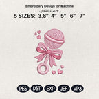 Baby Rattle Embroidery Design, Cute Pink Nursery Toy with Bow, Newborn Gift Machine Embroidery, Baby Girl Shower, 5 Sizes, Digital Download