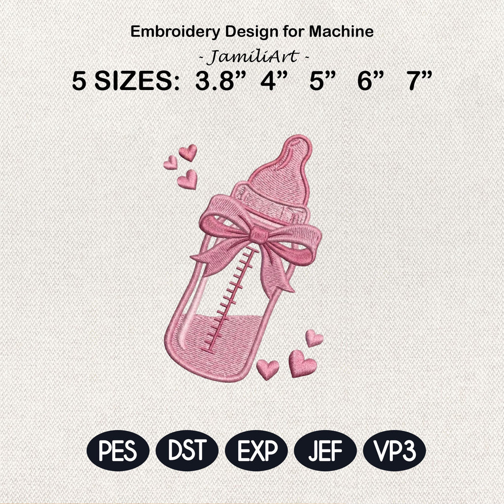 Baby Bottle Embroidery Design, Cute Pink Newborn Bottle File, Baby Shower Gift Machine Embroidery, Nursery Design, 5 Sizes, Digital Download