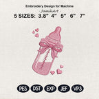 Baby Bottle Embroidery Design, Cute Pink Newborn Bottle File, Baby Shower Gift Machine Embroidery, Nursery Design, 5 Sizes, Digital Download