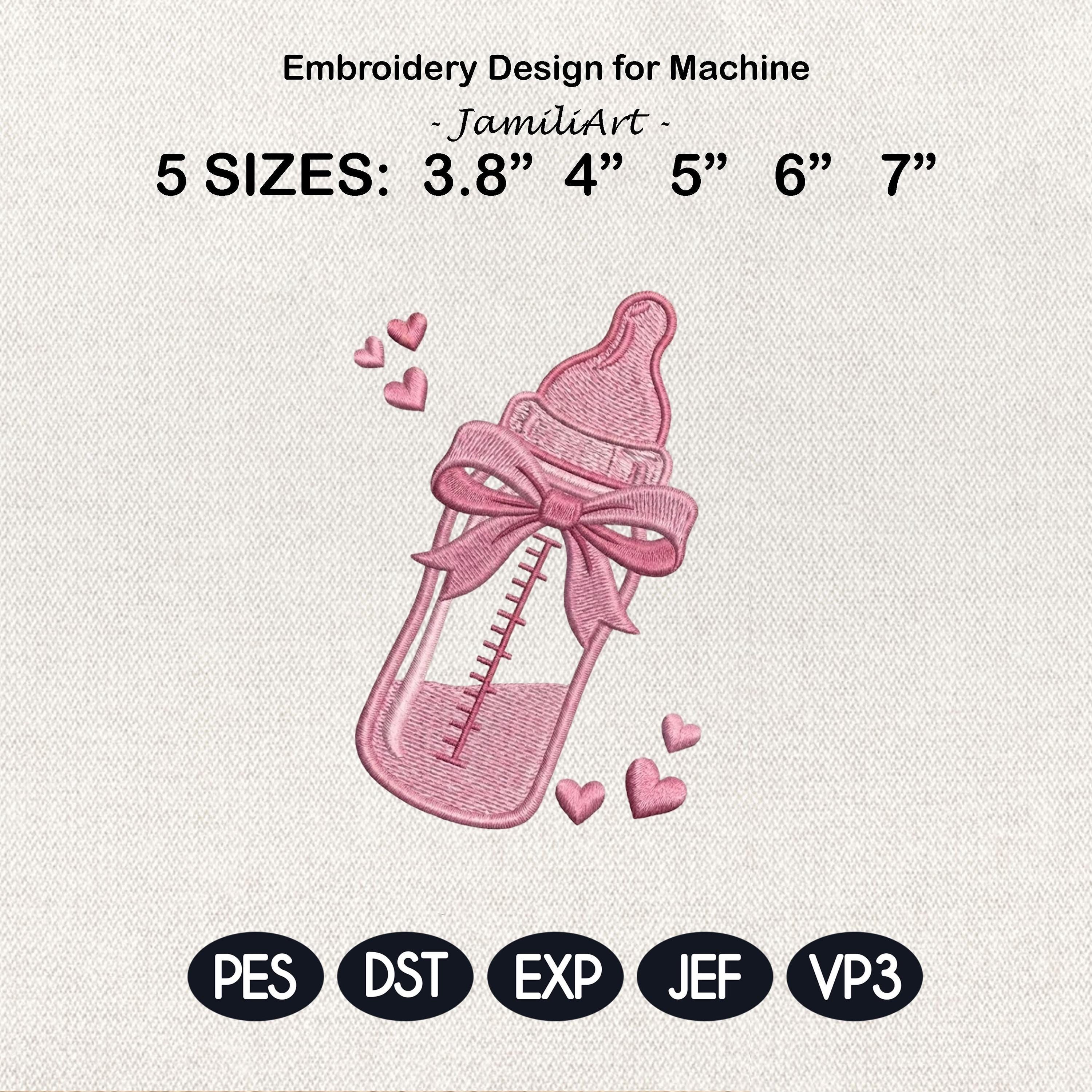 Baby Bottle Embroidery Design, Cute Pink Newborn Bottle File, Baby Shower Gift Machine Embroidery, Nursery Design, 5 Sizes, Digital Download