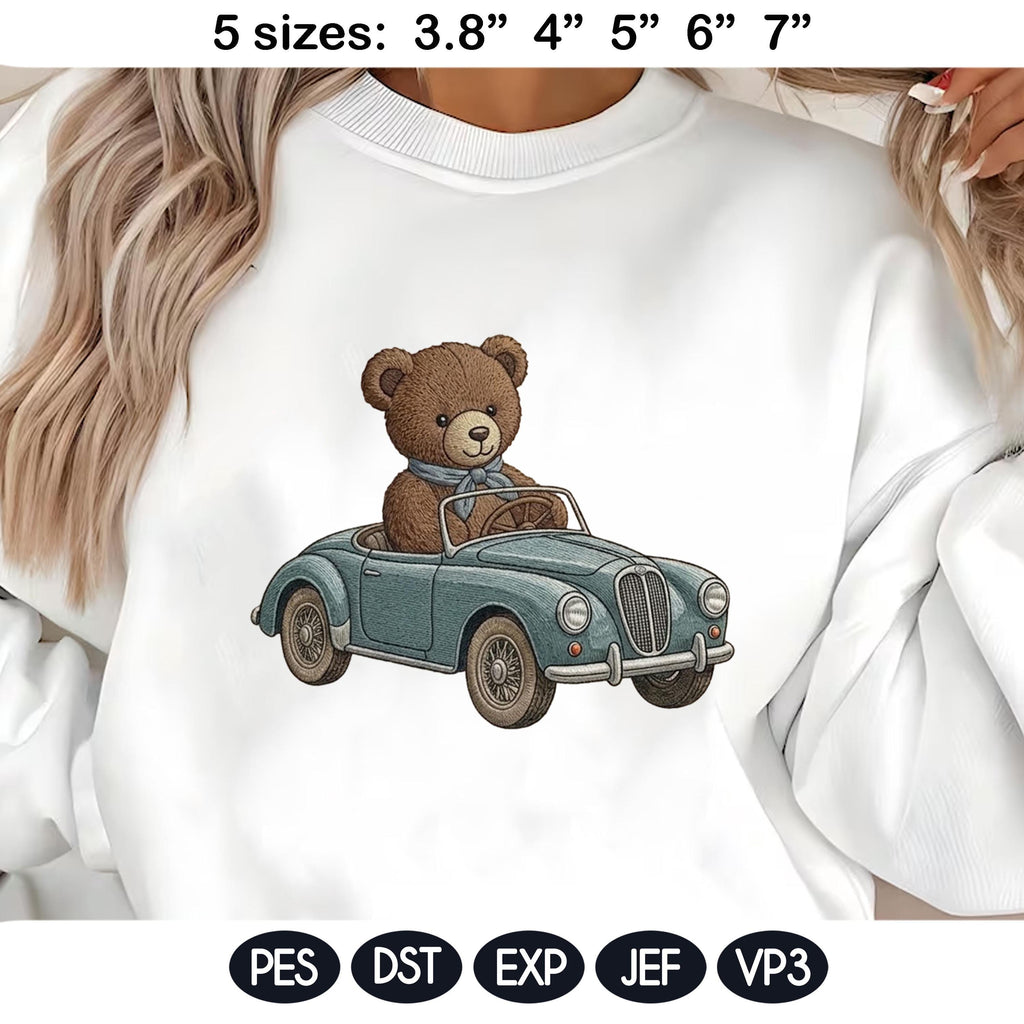 Teddy Bear Car Embroidery Design, Vintage Convertible Bear, Cute Animal Driving Car, Baby Nursery Embroidery File, 5 sizes, Digital Download - image 6