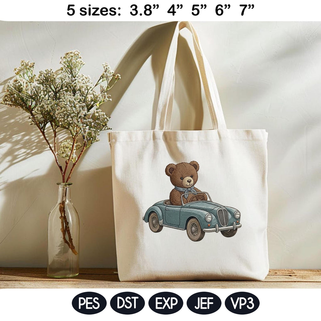 Teddy Bear Car Embroidery Design, Vintage Convertible Bear, Cute Animal Driving Car, Baby Nursery Embroidery File, 5 sizes, Digital Download - image 5