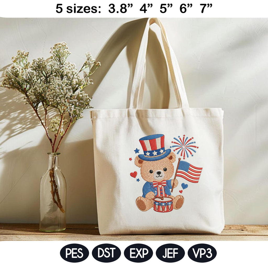 Patriotic Teddy Bear Embroidery Design, Bear 4th of July, USA Flag Fireworks Kids, Cute American Bear, Machine Embroidery, Digital Download - image 4