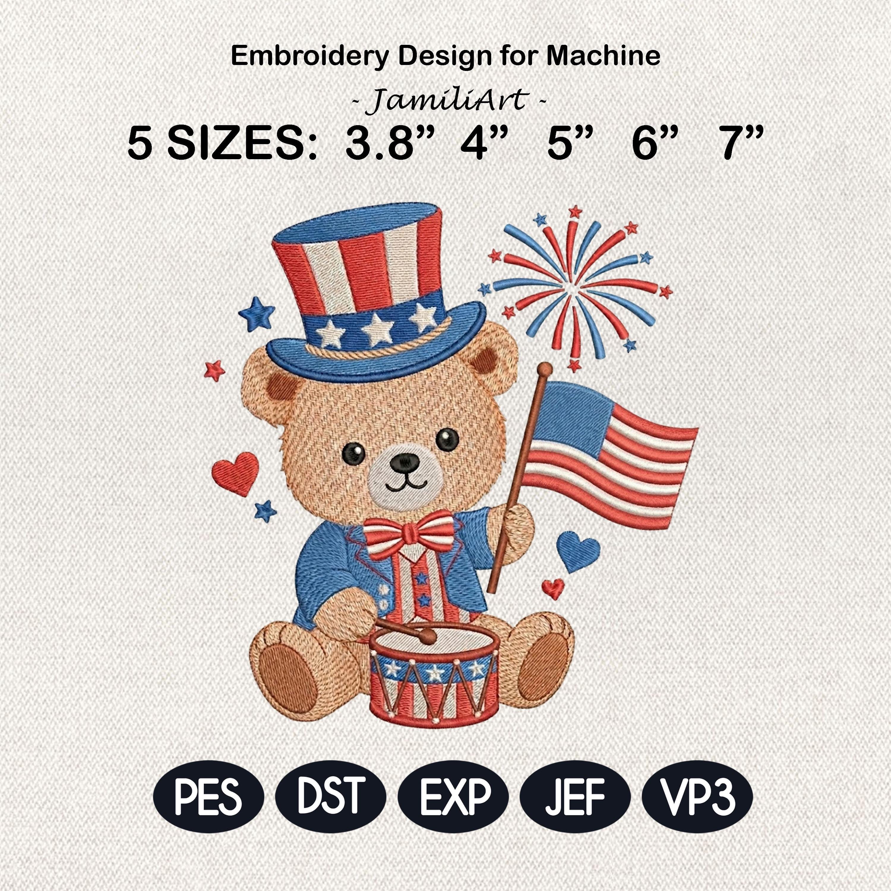 Patriotic Teddy Bear Embroidery Design, Bear 4th of July, USA Flag Fireworks Kids, Cute American Bear, Machine Embroidery, Digital Download