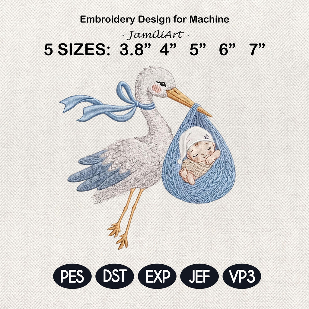 Baby Stork Embroidery Design, Newborn Arrival Baby Boy Gift, Cute Stork Carrying Baby, Nursery Baby, Machine Embroidery, Digital Download