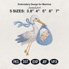 Baby Stork Embroidery Design, Newborn Arrival Baby Boy Gift, Cute Stork Carrying Baby, Nursery Baby, Machine Embroidery, Digital Download