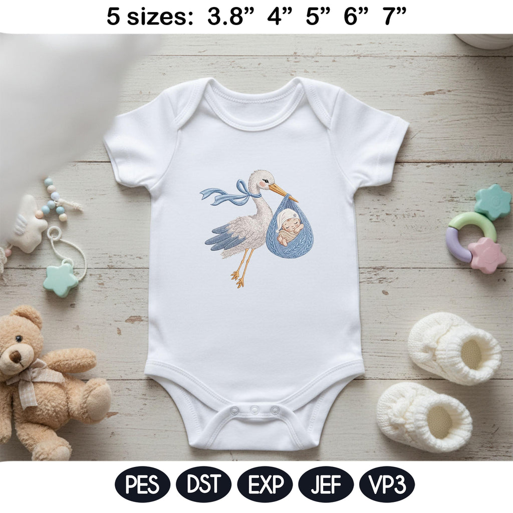 Baby Stork Embroidery Design, Newborn Arrival Baby Boy Gift, Cute Stork Carrying Baby, Nursery Baby, Machine Embroidery, Digital Download - image 3