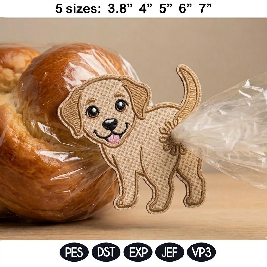 Cute Labrador Dog Butt Bag Tie Embroidery Design, Funny Puppy Butt Applique, Bread Bag Clip In The Hoop, Lab Dog Embroidery File