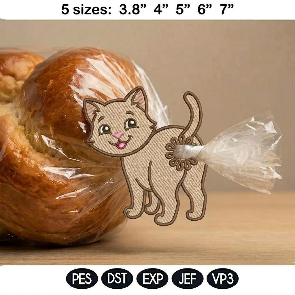 Cute Cat Butt Bag Tie Embroidery Design, Funny Kitty Butt Applique, Bread Bag Clip In The Hoop, Cat Embroidery File, Digital Download