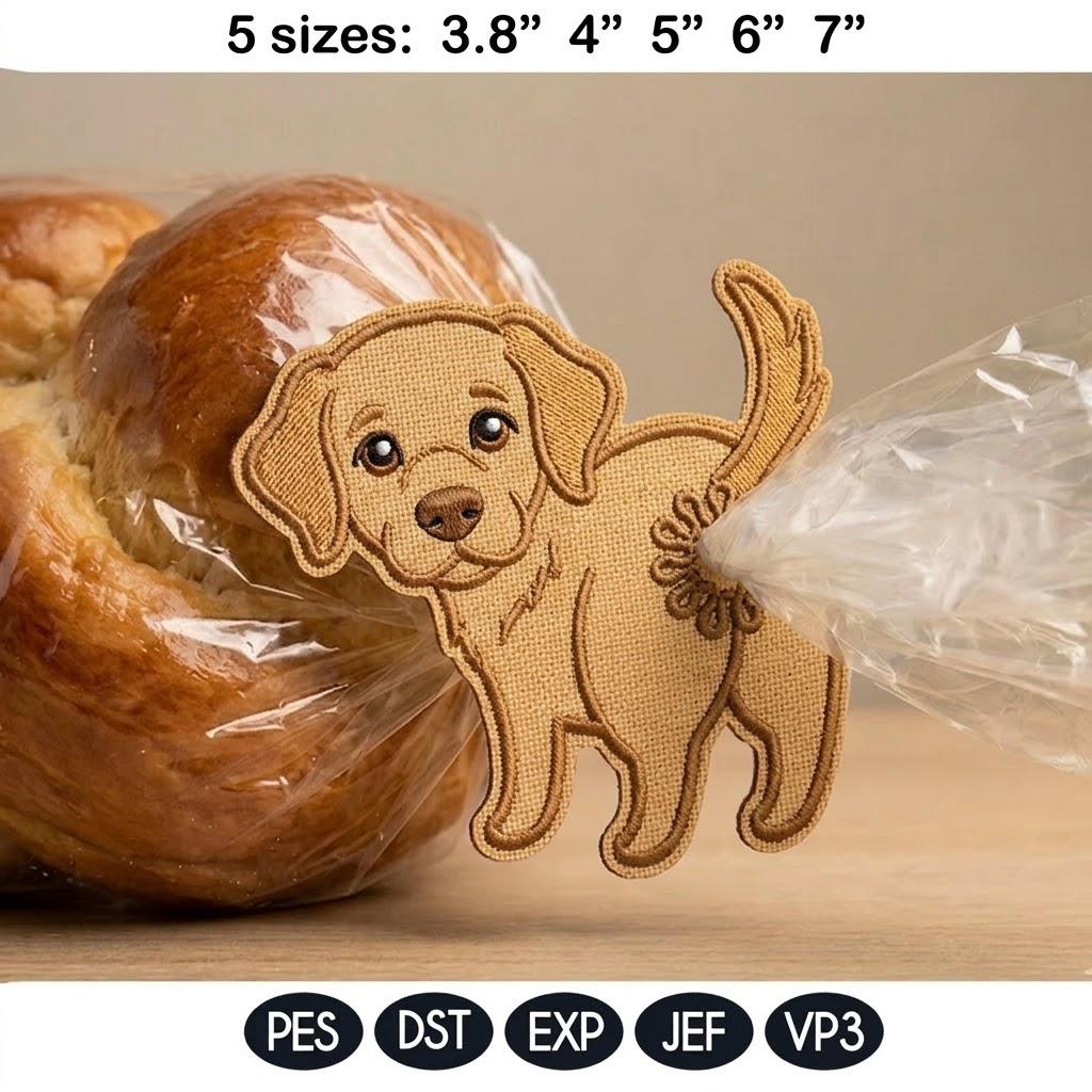 Cute Golden Retriever Dog Butt Bag Tie Embroidery Design, Funny Puppy Butt Applique, Bread Bag Clip In The Hoop, Machine Embroidery