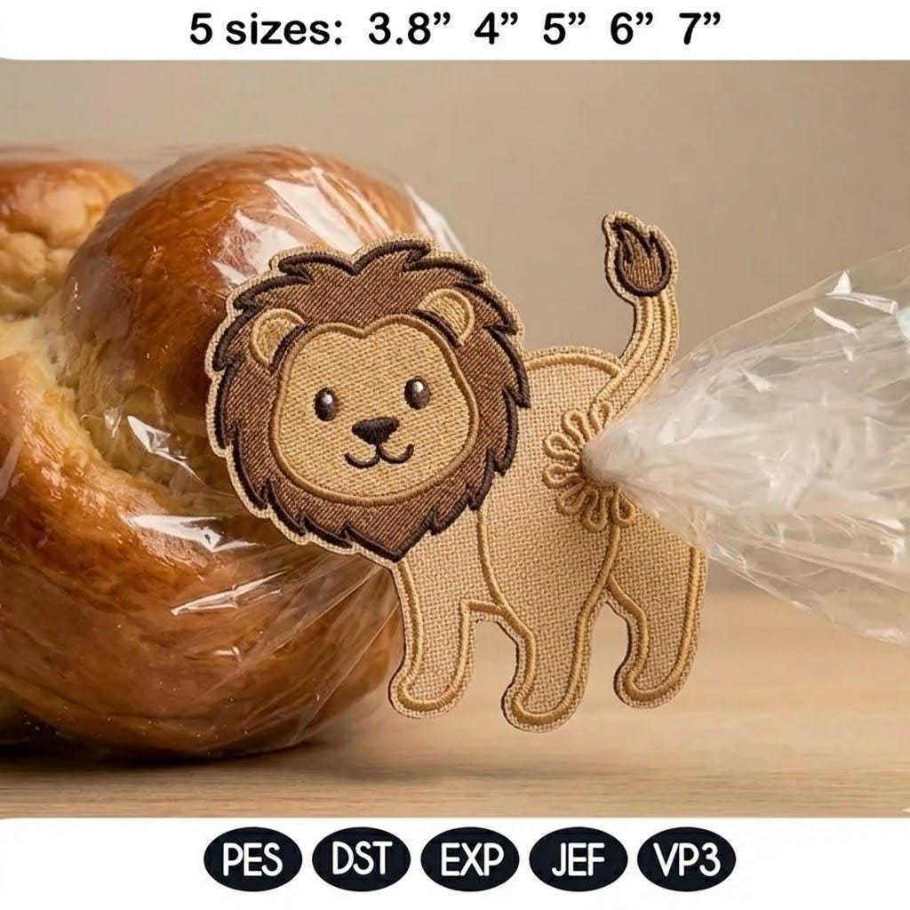 Cute Lion Butt Bag Tie Embroidery Design, Funny Lion Butt Applique, Bread Bag Clip In The Hoop, Safari Animal Embroidery, Digital Download