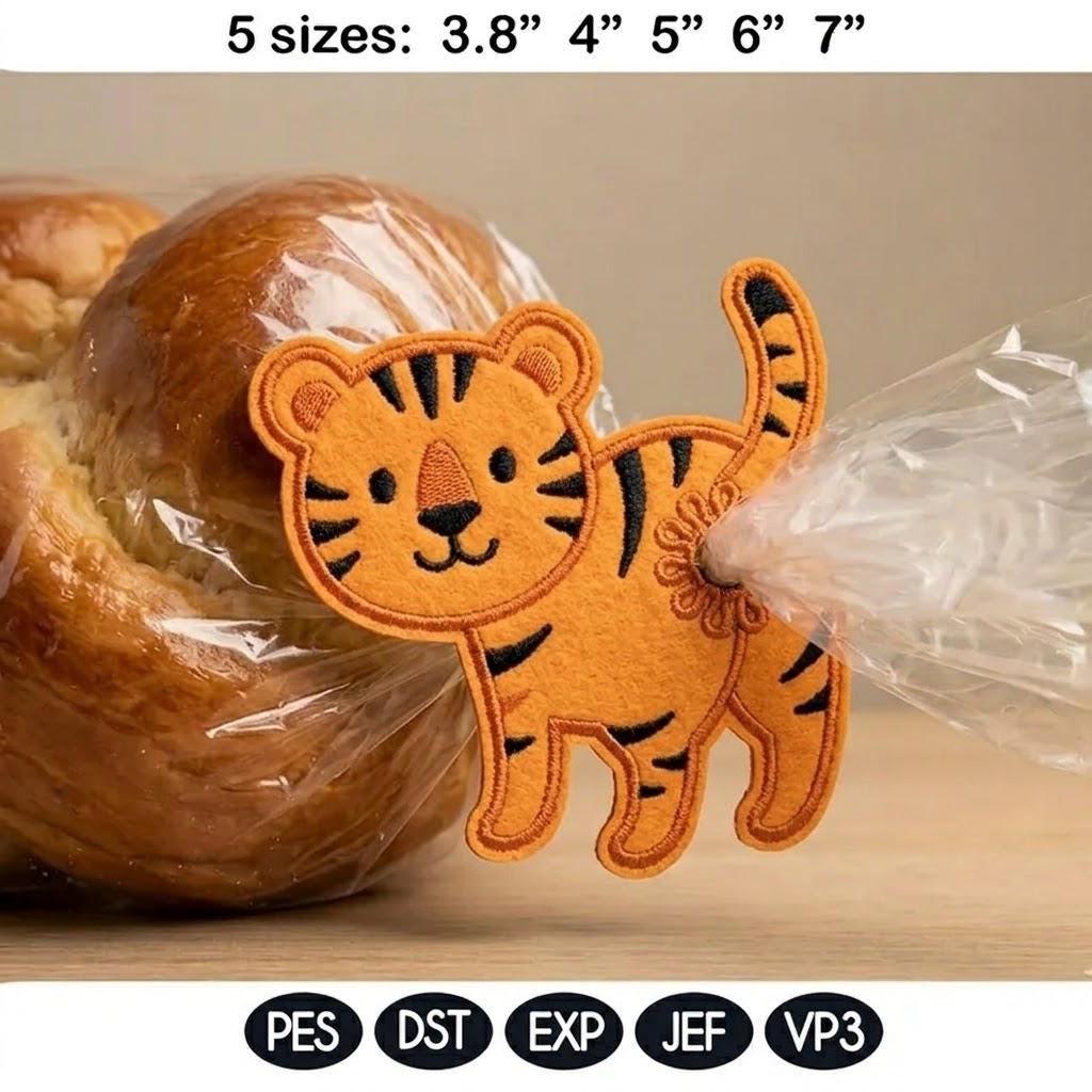 Cute Tiger Butt Bag Tie Embroidery Design, Funny Tiger Butt Applique, Bread Bag Clip In The Hoop, Jungle Animal Embroidery, Digital Download