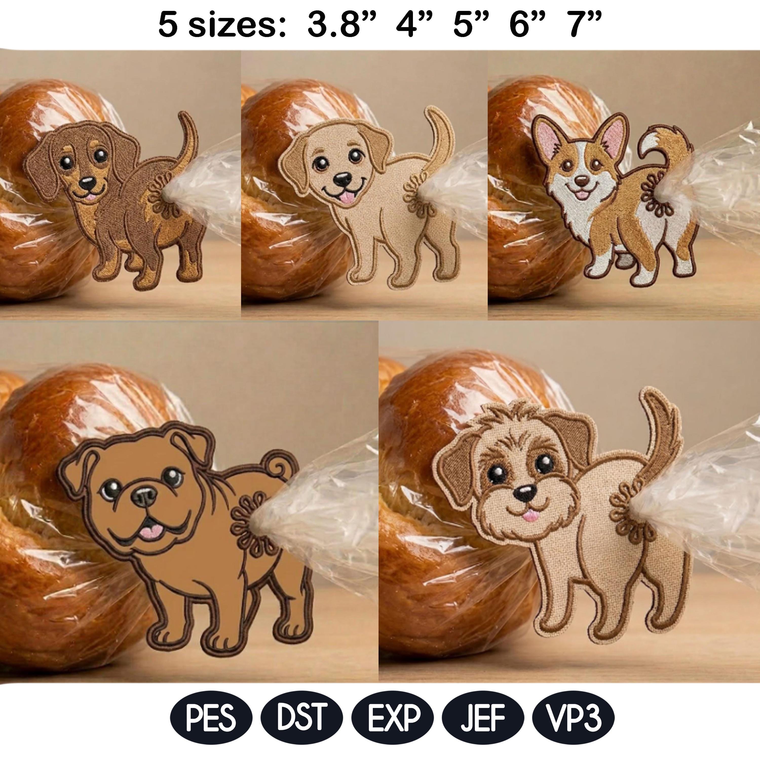 Cute Dog Butt Bag Tie Embroidery Design Bundle, Funny Puppy Butt Applique, Bread Bag Clip In The Hoop, Dog Embroidery Set, Digital Download